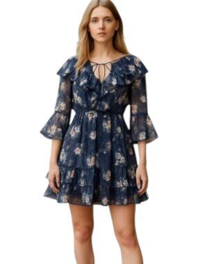 NEW Small POL Floral Sheer Navy Mini Dress Ruffles Lined 3/4 Sleeves Tassel Boho